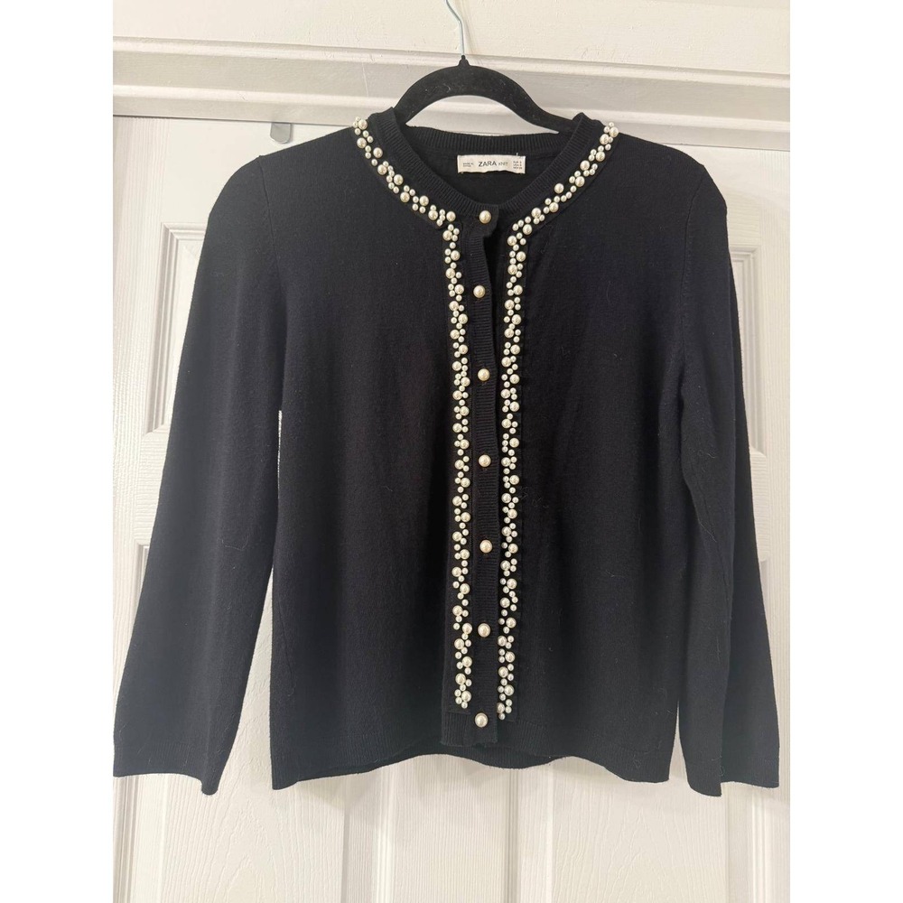 ZARA KNIT Black Faux Pearl Embellished Cardigan Sweater Womens Size Small Beaded